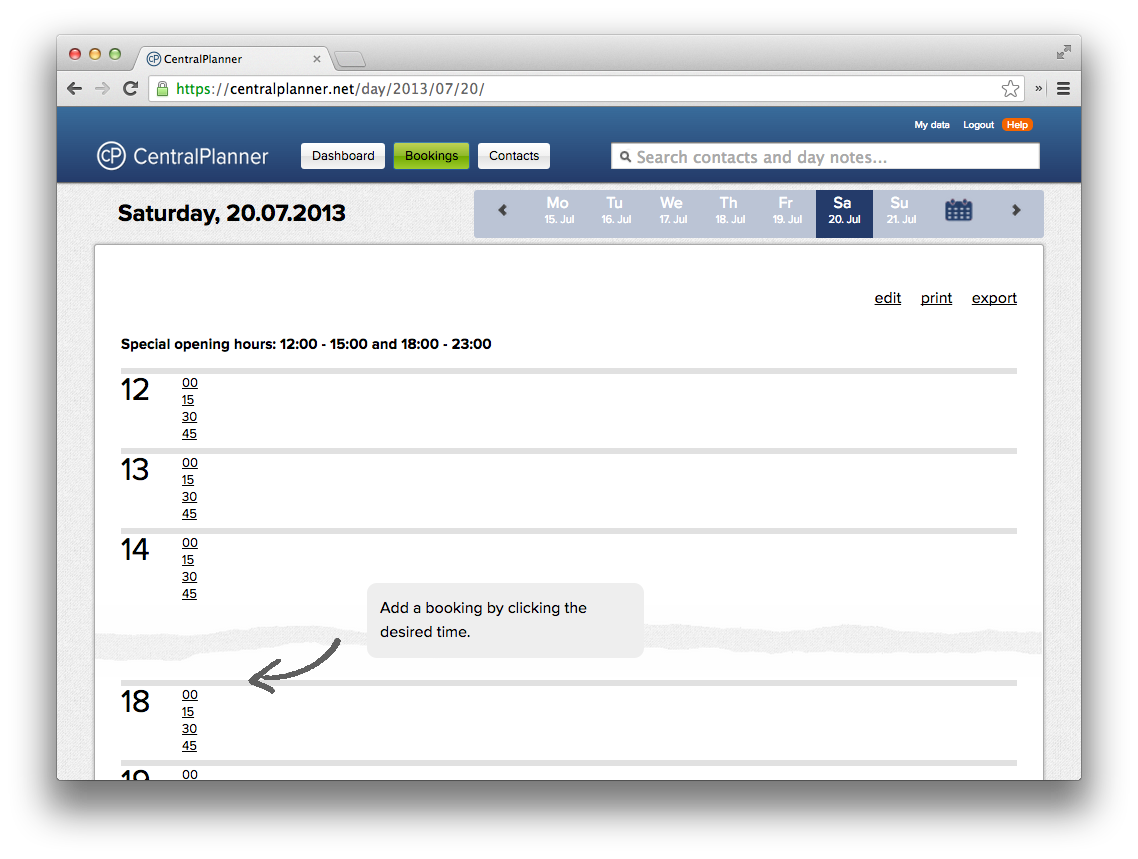 the reservationsbook shows spacings during the day