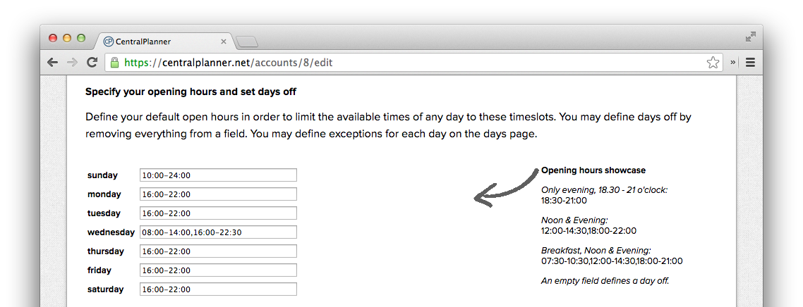 set up open hours within the CentralPlanner settings